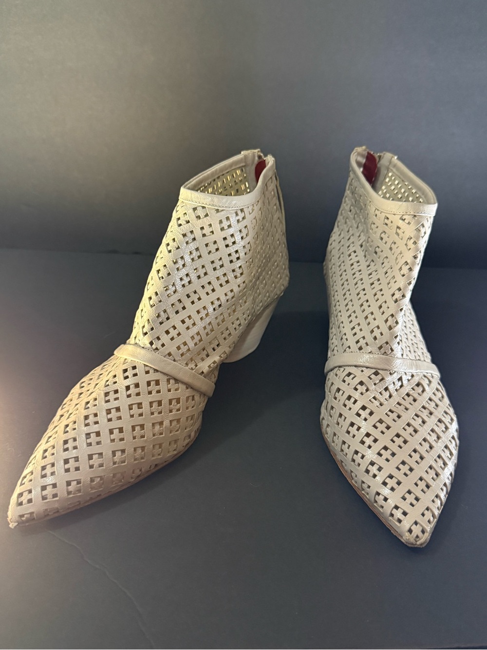 Pointed Toe Woven Cutout Ankle Boots - Cream